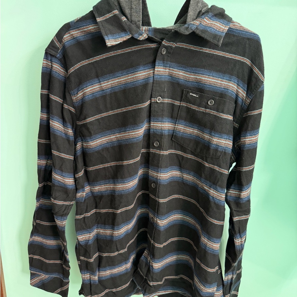 O'Neill Black and Blue Striped Button Up Shirt Men’s Size Large
